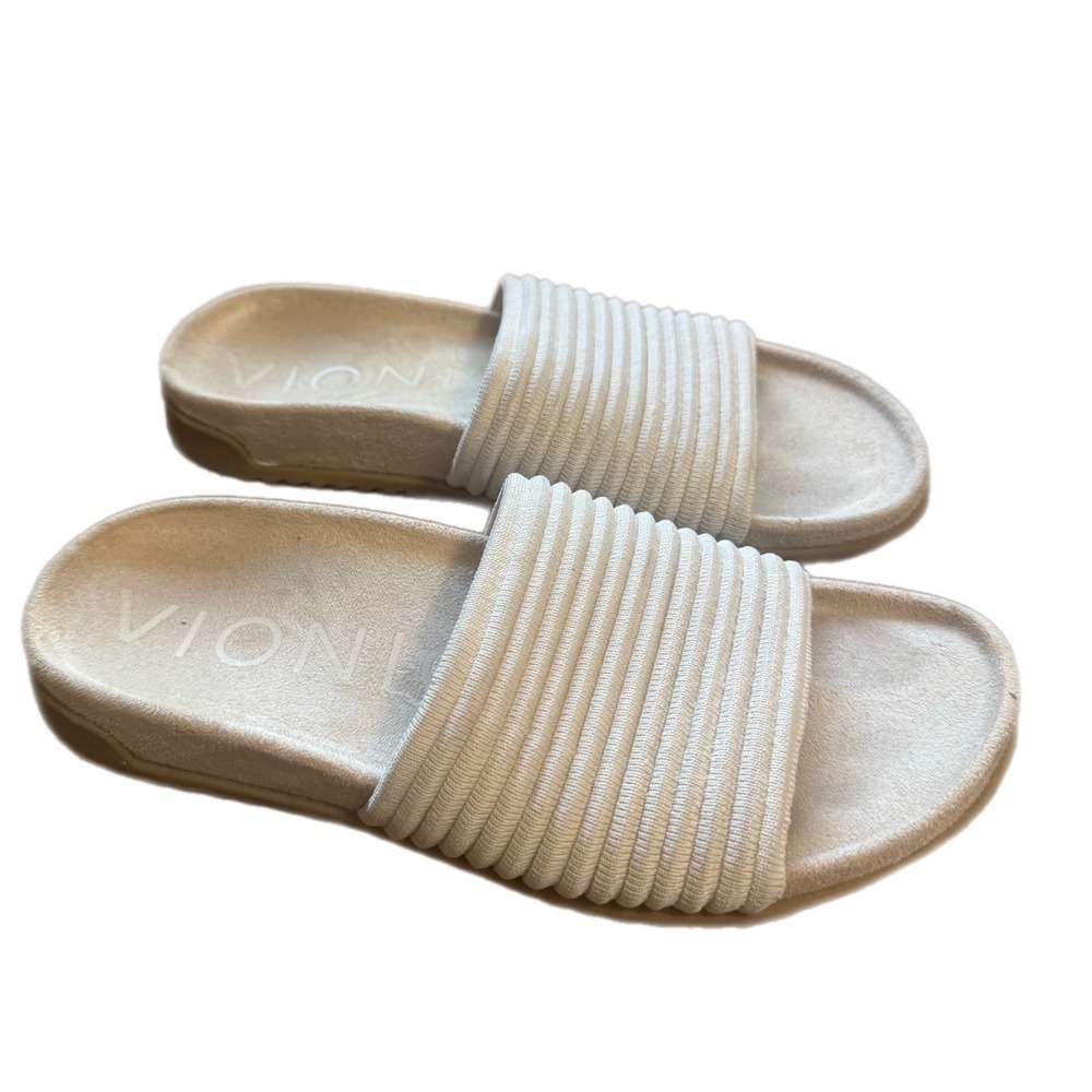 Vionic Evie Knit Slide Sandals Womens 7 Cream Excellent Orthotic Ribbed Slip On